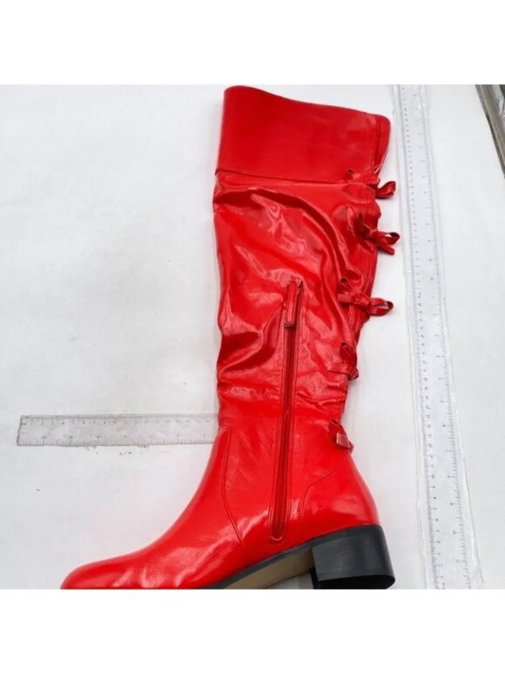 Red Over The Knee Thigh High Leather Chunky Heel Round Toe Bowknots Riding Boots